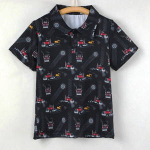 Cool Black Background Truck Vehicle Print Toddler Boys Lapel Polo Tee Front Half Button Closure Loose Relaxed Fit Breathable Thin Fabric Little Boys Car Enthusiast School Vacation Short Sleeve Polo Blouse