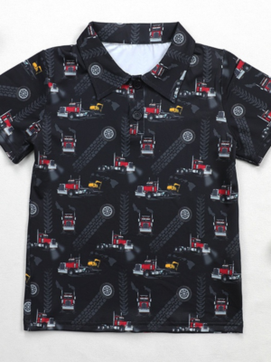 Cool Black Background Truck Vehicle Print Toddler Boys Lapel Polo Tee Front Half Button Closure Loose Relaxed Fit Breathable Thin Fabric Little Boys Car Enthusiast School Vacation Short Sleeve Polo Blouse