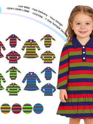 Sibling Matching Striped Polo Outfit Set Long Sleeve Color Block Stripe Polo Dress + Baby Onesie + Kids T-Shirt Casual Fall Daily Family Matching Clothes