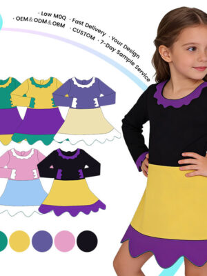 Toddler Girls Black Purple Yellow Color Block Long Sleeve Dress Scalloped Ruffle Neck Cuff & Hem Halloween Holiday Party Casual Outfit Dress
