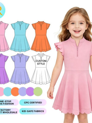 Toddler Half Zip Ruffle Cap Sleeve Athletic Dress Scalloped Hem Skater Dress Quick Dry Stretch Fabric For Tennis Gymnastics Casual Wear With OEM/ODM Custom Service