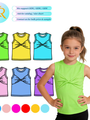 Kids Twisted Knot Front Sleeveless Top Round Neck Crew Neck Tank Top Soft Stretchy Fabric For Daily Play, Gymnastics, Casual Wear Multi Color Options