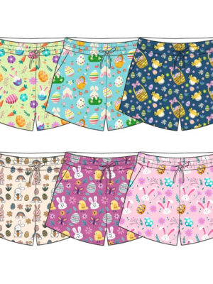 Cute Spring Easter Theme Children Shorts Full Rabbit Egg Chick Floral All Over Print Elastic Gathered Waist Adjustable Drawstring Loose Fit Boys Outdoor Beach Holiday Bottoms