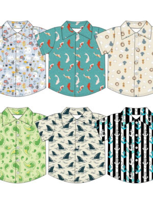 Ocean Cartoon All Over Print Kids Button Down Shirt Classic Lapel Camp Collar Full Front Buttons Short Sleeve Soft Lightweight Woven Fabric Toddler Beach Vacation Casual Shirt Sea Animal Nautical Print Patterns
