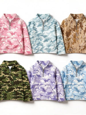 Colorful Camouflage Pattern Toddler Half Zip Pullover Long Sleeve Sweatshirt Classic Stand Neck Quarter Zipper Front Big Pocket Loose Fit Lightweight Fleece Little Boys Girls Daily Play School Outer Top