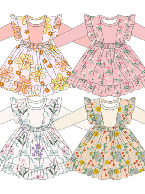 Cottagecore Floral Layered Outfit For Little Girls Crew Neck Long Sleeve Base Top Ruffle Trim Sleeveless Pinafore Dress Elastic Gathered Waist Flowy Ruffle Hem Swing Skirt Soft Fabric Daily Party Photoshoot Clothes