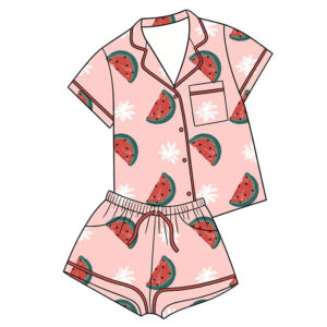 Kids Print Short Sleeve Pajama Sets, Button-Down Top & Shorts Watermelon/Flower/Sun Prints Soft Breathable Fabric Factory Direct Wholesale Summer Loungewear