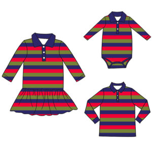 Sibling Matching Striped Polo Outfit Set Long Sleeve Color Block Stripe Polo Dress + Baby Onesie + Kids T-Shirt Casual Fall Daily Family Matching Clothes