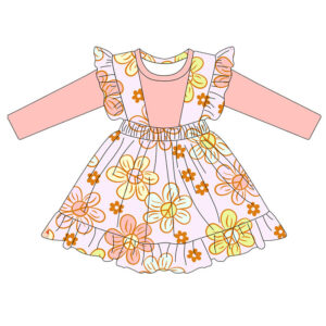 Cottagecore Floral Layered Outfit For Little Girls Crew Neck Long Sleeve Base Top Ruffle Trim Sleeveless Pinafore Dress Elastic Gathered Waist Flowy Ruffle Hem Swing Skirt Soft Fabric Daily Party Photoshoot Clothes