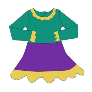 Toddler Girls Black Purple Yellow Color Block Long Sleeve Dress Scalloped Ruffle Neck Cuff & Hem Halloween Holiday Party Casual Outfit Dress