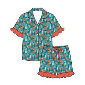 Kids Animal Print Pajama Sets Ruffle Trim Short Sleeve Button-Up Top & Shorts\ Cute Jungle/Flamingo/Penguin PrintsSoft Breathable FabricFactory Direct Wholesale Summer Loungewear