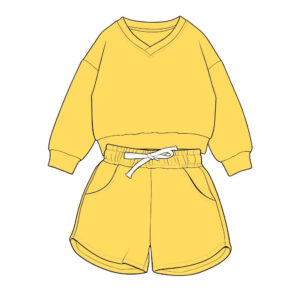 Basic Plain Solid Tone Toddler Matching Two Piece Outfit Loose Fit V Neck Crop Long Sleeve Top Elastic Gathered Waist Drawstring Shorts With Side Storage Pockets Lightweight Skin Friendly Fabric Little Boys Girls Summer Spring Leisure Suit