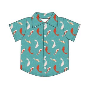 Ocean Cartoon All Over Print Kids Button Down Shirt Classic Lapel Camp Collar Full Front Buttons Short Sleeve Soft Lightweight Woven Fabric Toddler Beach Vacation Casual Shirt  Sea Animal Nautical Print Patterns