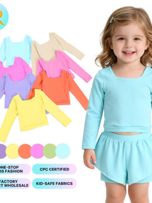 Little Girls Square Neck Long Sleeve Cropped Top Soft Breathable Stretchy Fabric Basic Solid Color Tee For Dance Gymnastics Casual Outfit