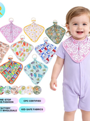 Baby Bibs With Natural Wooden Teething Ring Cute Cartoon Animal/Flower Print Infant Soft Lovey Lovie Blankie Soother Toy For Newborn Toddler