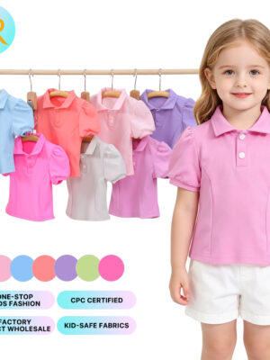 Kids Polo Collar Short Puff Sleeve Blouse Half Button Placket Design Breathable Stretch Fabric Casual Sport Top For Tennis Daily Play & School