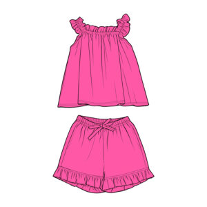 Cute Frill Trim Kids Matching Two Piece Set Sleeveless Ruffle Shoulder Cami Top Elastic Gathered Waist Self Fabric Bow Detail Ruffle Edge Shorts Lightweight Skin Friendly Fabric Little Girls Beach Daily Loungewear Suit