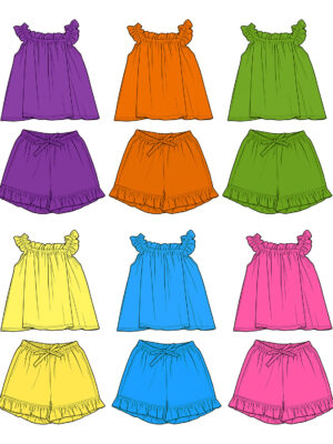 Cute Frill Trim Kids Matching Two Piece Set Sleeveless Ruffle Shoulder Cami Top Elastic Gathered Waist Self Fabric Bow Detail Ruffle Edge Shorts Lightweight Skin Friendly Fabric Little Girls Beach Daily Loungewear Suit