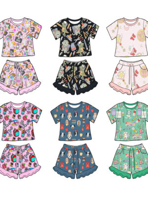 Multi Cartoon All Over Print Kids 2 Piece Pajama Set Crew Neck Short Sleeve Top Elastic Drawstring Waist Ruffle Hem Shorts Soft Breathable Fabric Toddler Summer Home Loungewear Sleep Matching Outfit 6 Assorted Cute Graphic Patterns